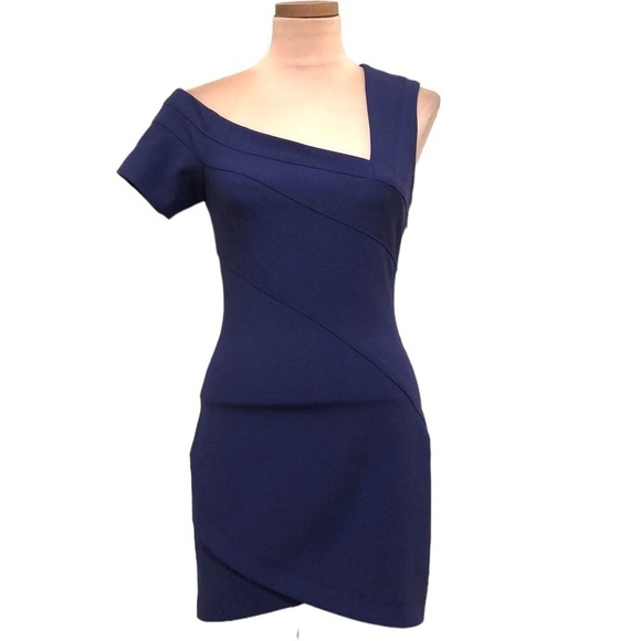 NWT Cinq A Sept Coralisa Dress Size 4 Navy Blue Asymmetrical Sleeve Bodycon Mini - Picture 1 of 11